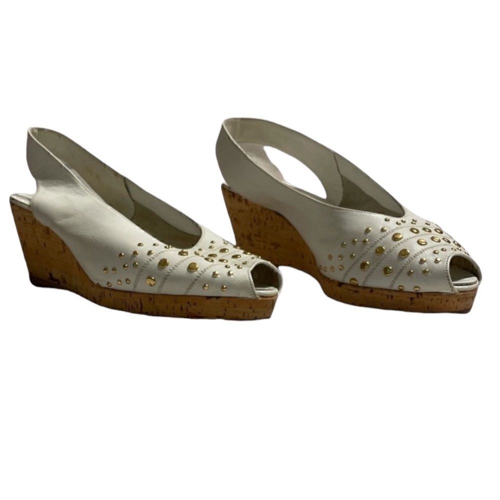 Vintage André Assous White and gold studded Soft Leather Wedges